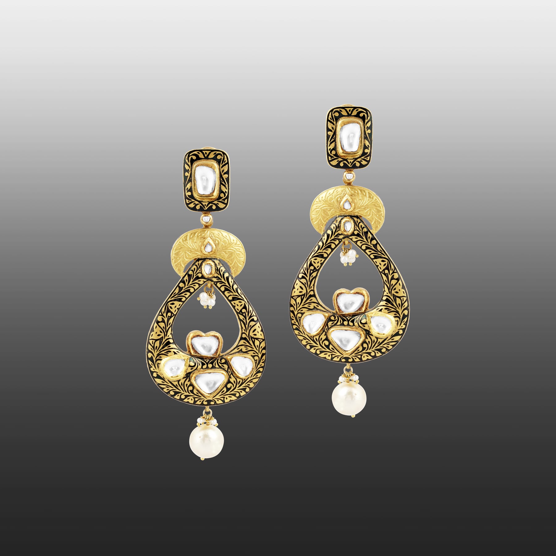 Teardrop Polki Earrings with Partash Work and Pearl Drops